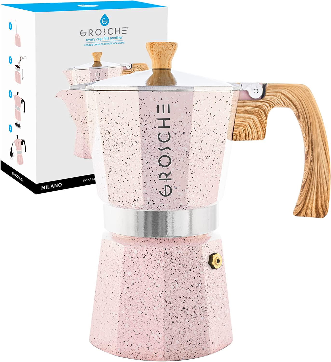 GROSCHE, GROSCHE Milano Moka pot, Stovetop Espresso maker, Greca Coffee Maker, Stovetop coffee maker and espresso maker percolator (Pink, 6 cup)