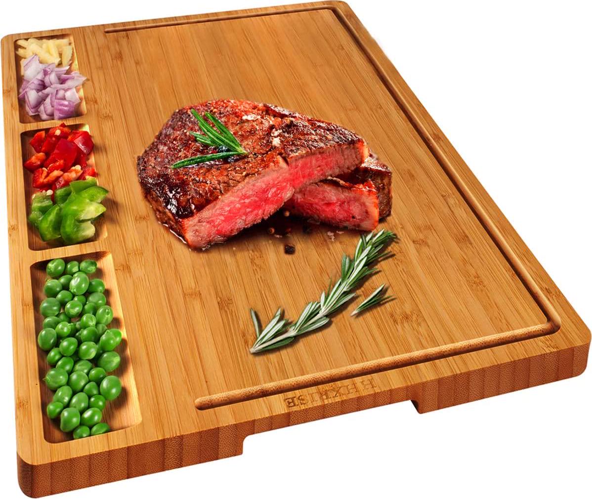 HHXRISE, HHXRISE Large Organic Bamboo Cutting Board for Kitchen with Tray, with 3 Built-in Compartments and Juice Grooves, Heavy Duty Chopping Board Serving Tray, Butcher Block, Carving Board, BPA Free