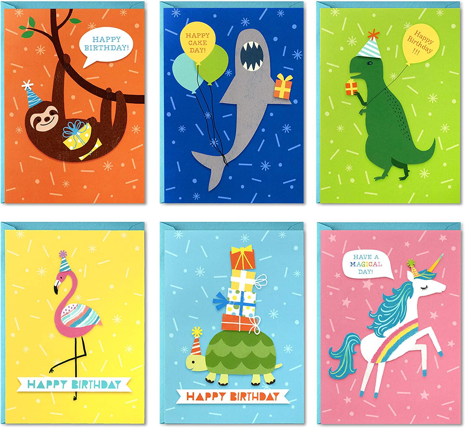 Hallmark, Hallmark Birthday Cards for Kids Assortment, 48 Cards with Envelopes (Dinosaurs, Sloths, Unicorns, Flamingos, Turtles, Sharks)