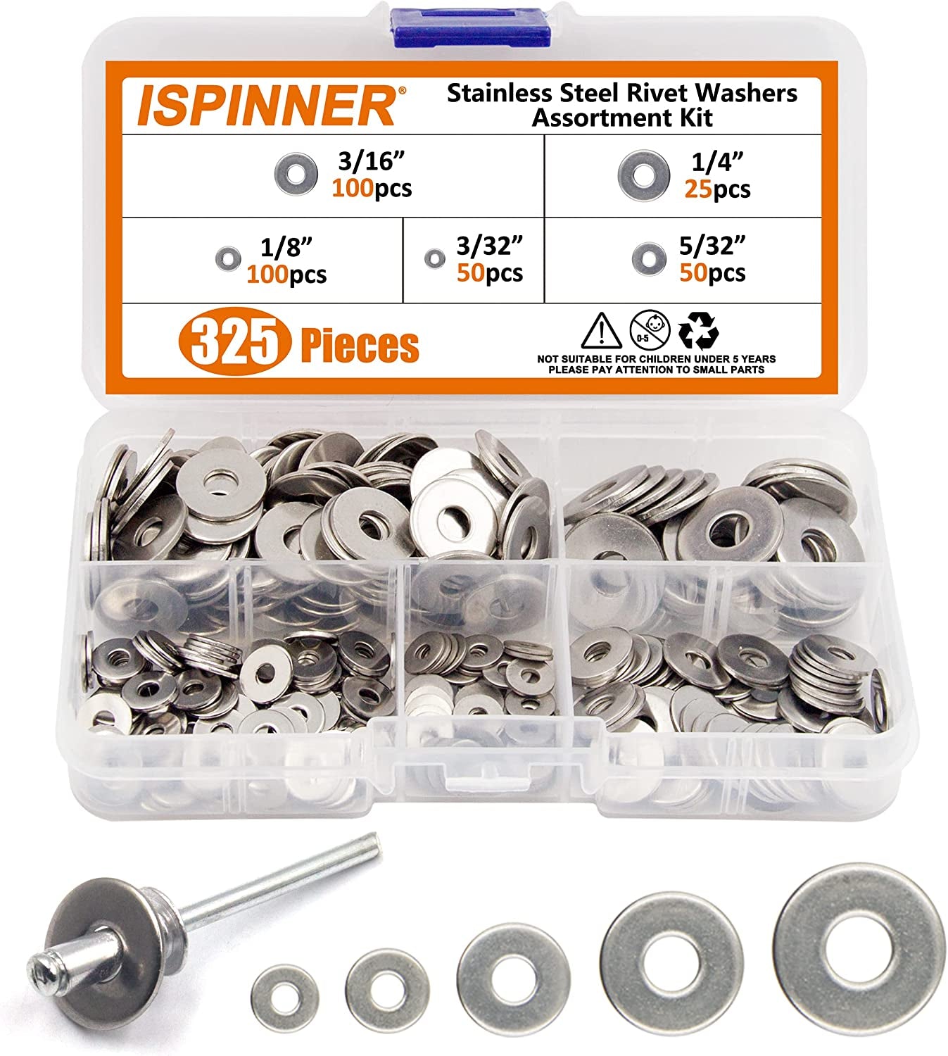 ISPINNER, ISPINNER 325Pcs Backup Rivet Washers Assortment Kit, Stainless Steel Washers for Blind Pop Rivets Diameter 3/32" 1/8" 5/32" 3/16" 1/4"