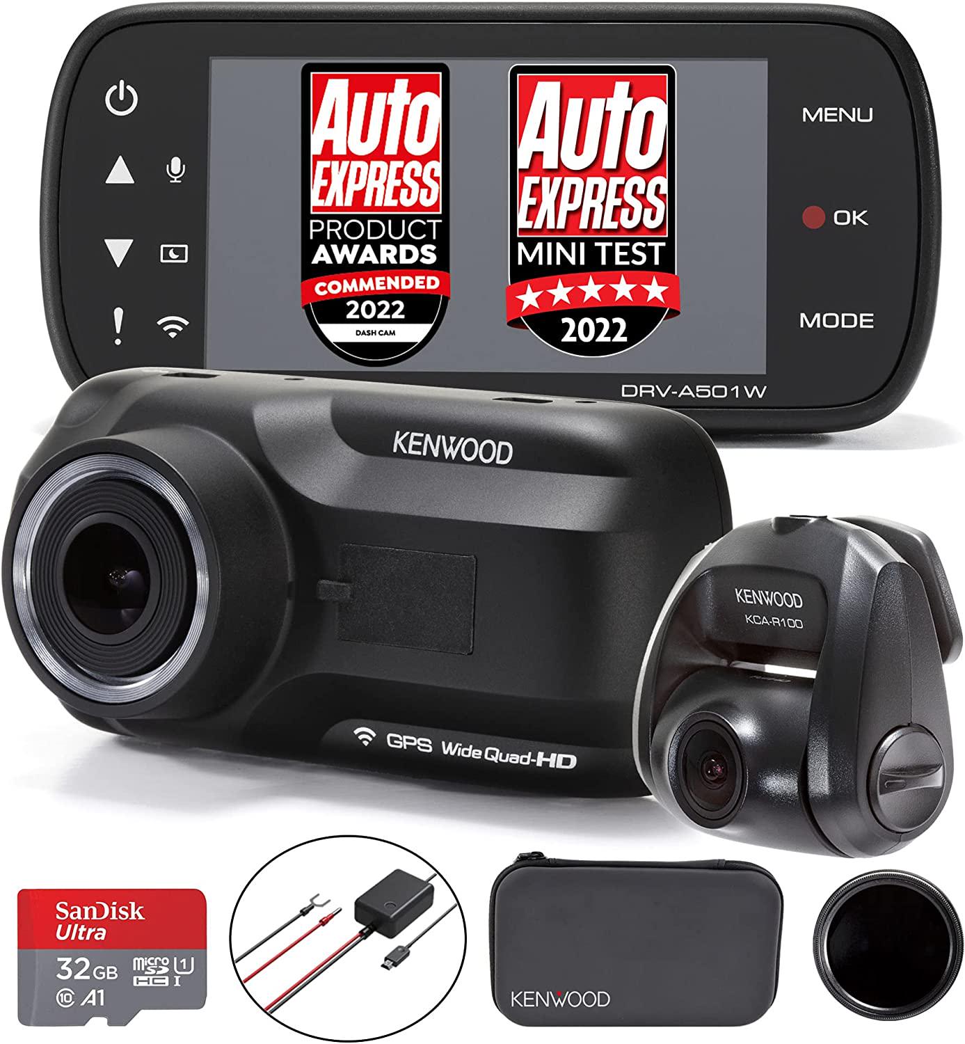 KENWOOD, KENWOOD DRV-A501W Front and Rear Dash Cam Bundle - KCA-R100 Rear Camera - CA-DR1030 Hardwire Kit - 32GB SD-Card - Carry Case - Smartphone App